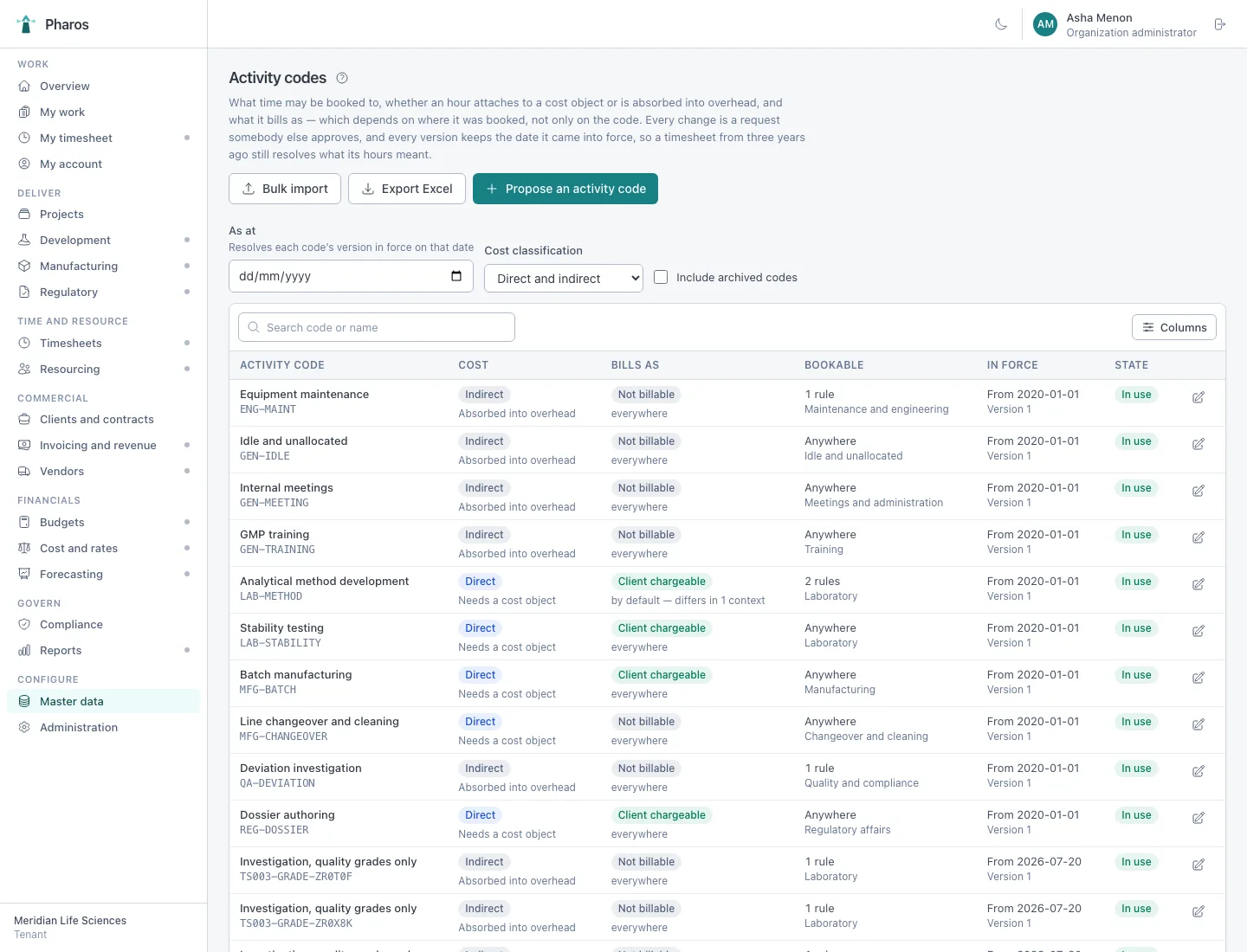 Activity code vocabulary with billable and cost category mapping