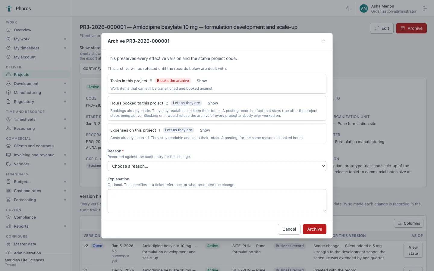 Archive impact dialog showing what blocks and what is kept