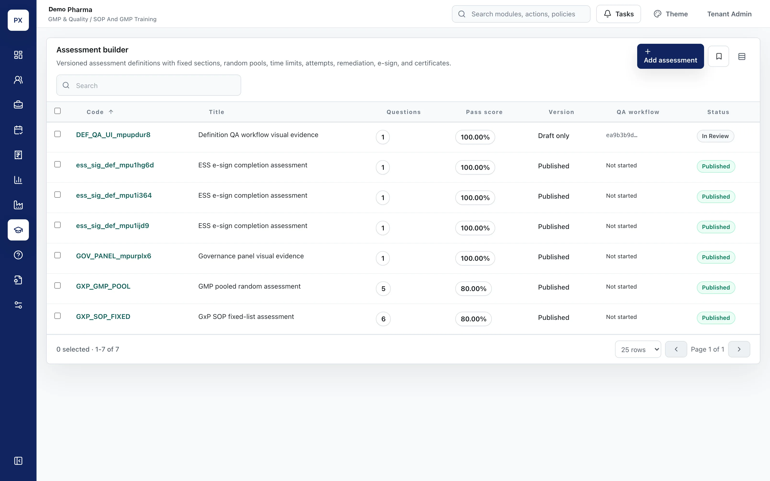 GxP assessments list with versions and pass criteria