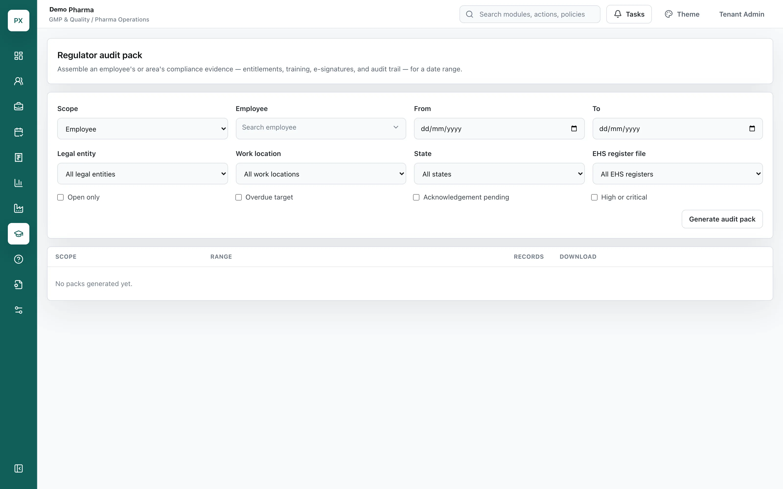 Regulator audit pack export screen