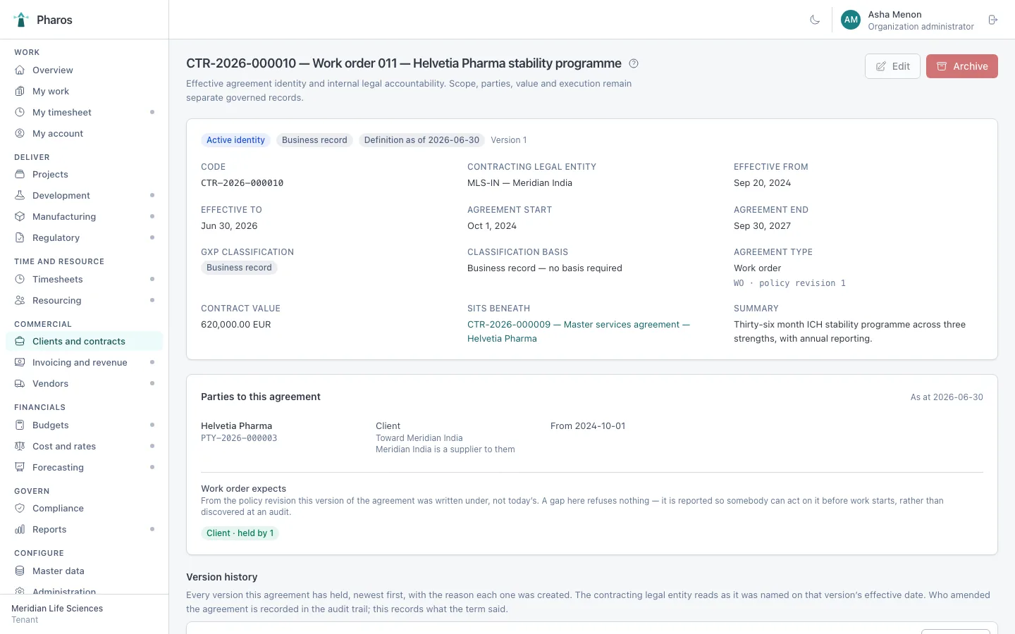 Pharos agreement value read as of a date