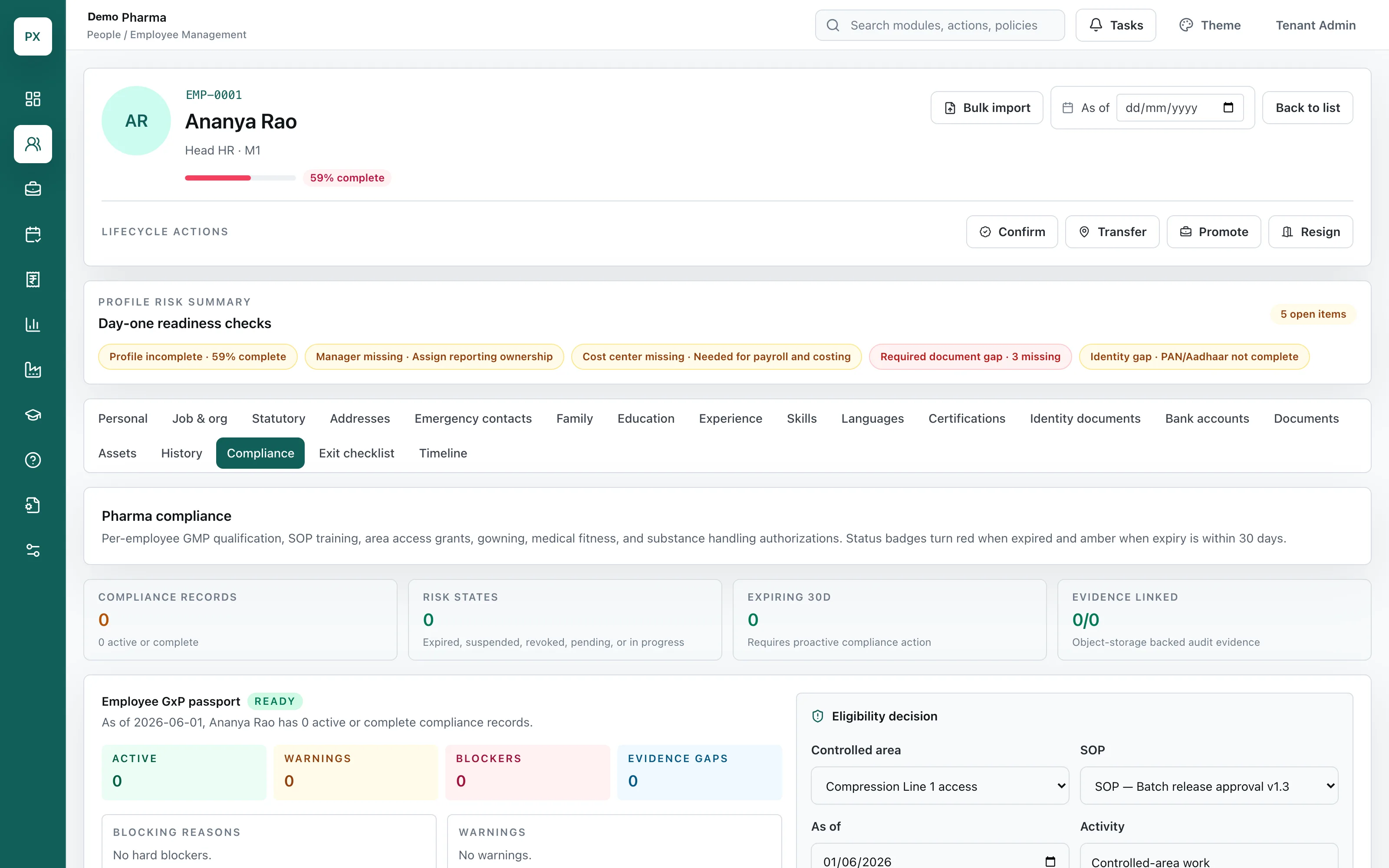 Employee compliance tab with GxP passport and eligibility decision