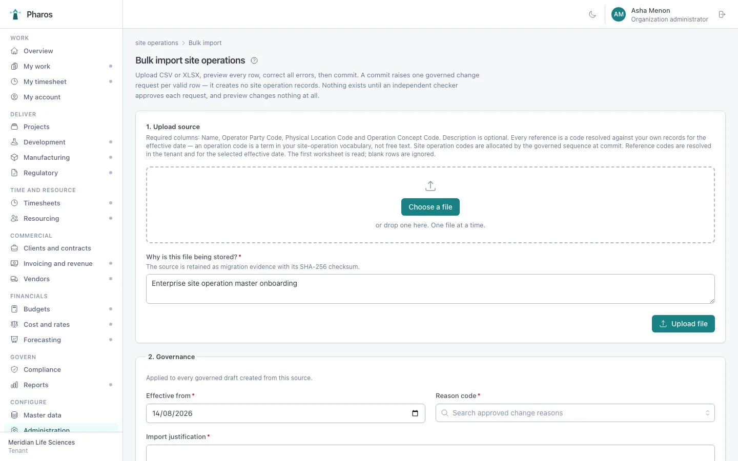 Governed bulk import with preview and validation