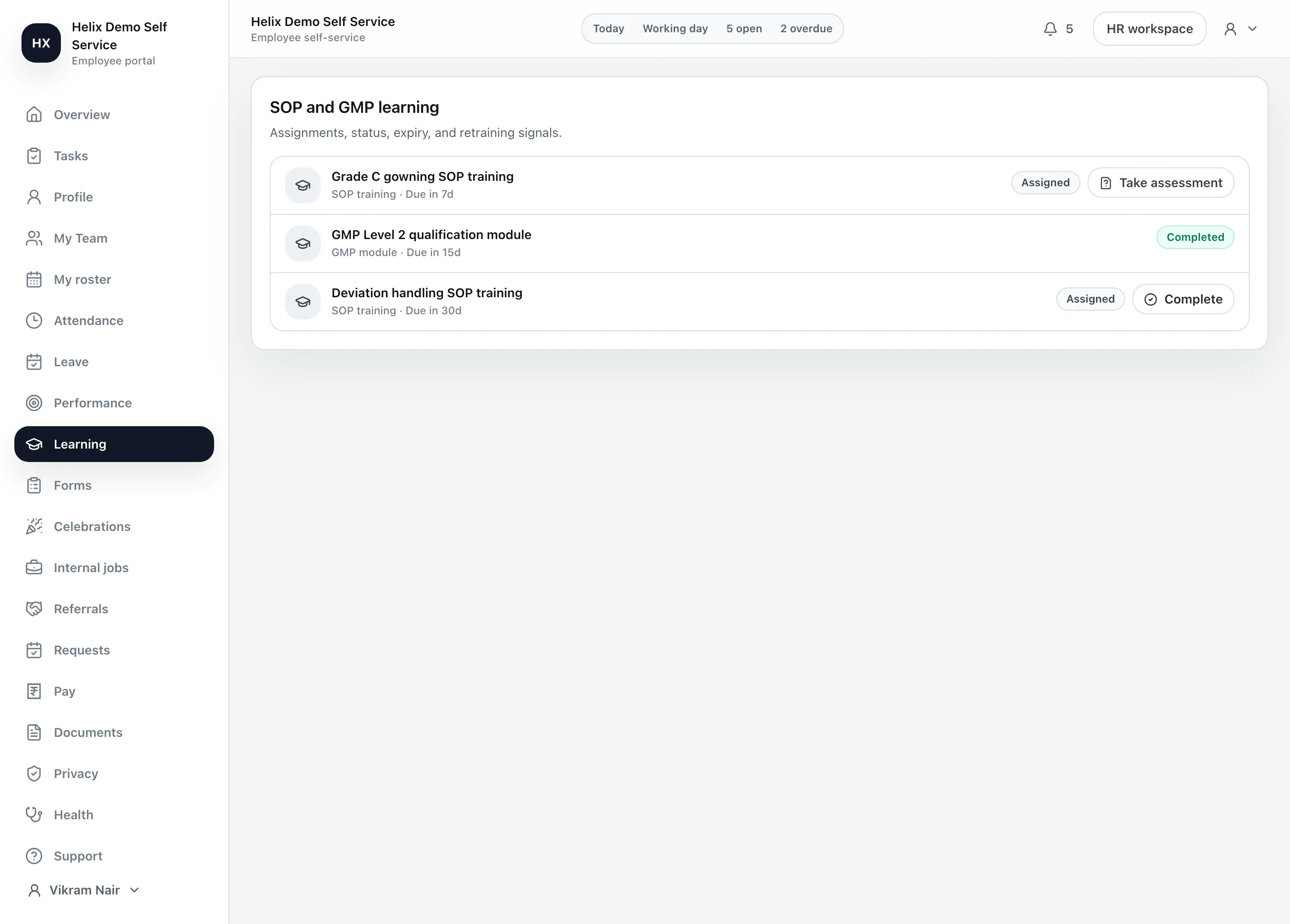 Employee self-service learning page with SOP and GMP assignments and a take-assessment action