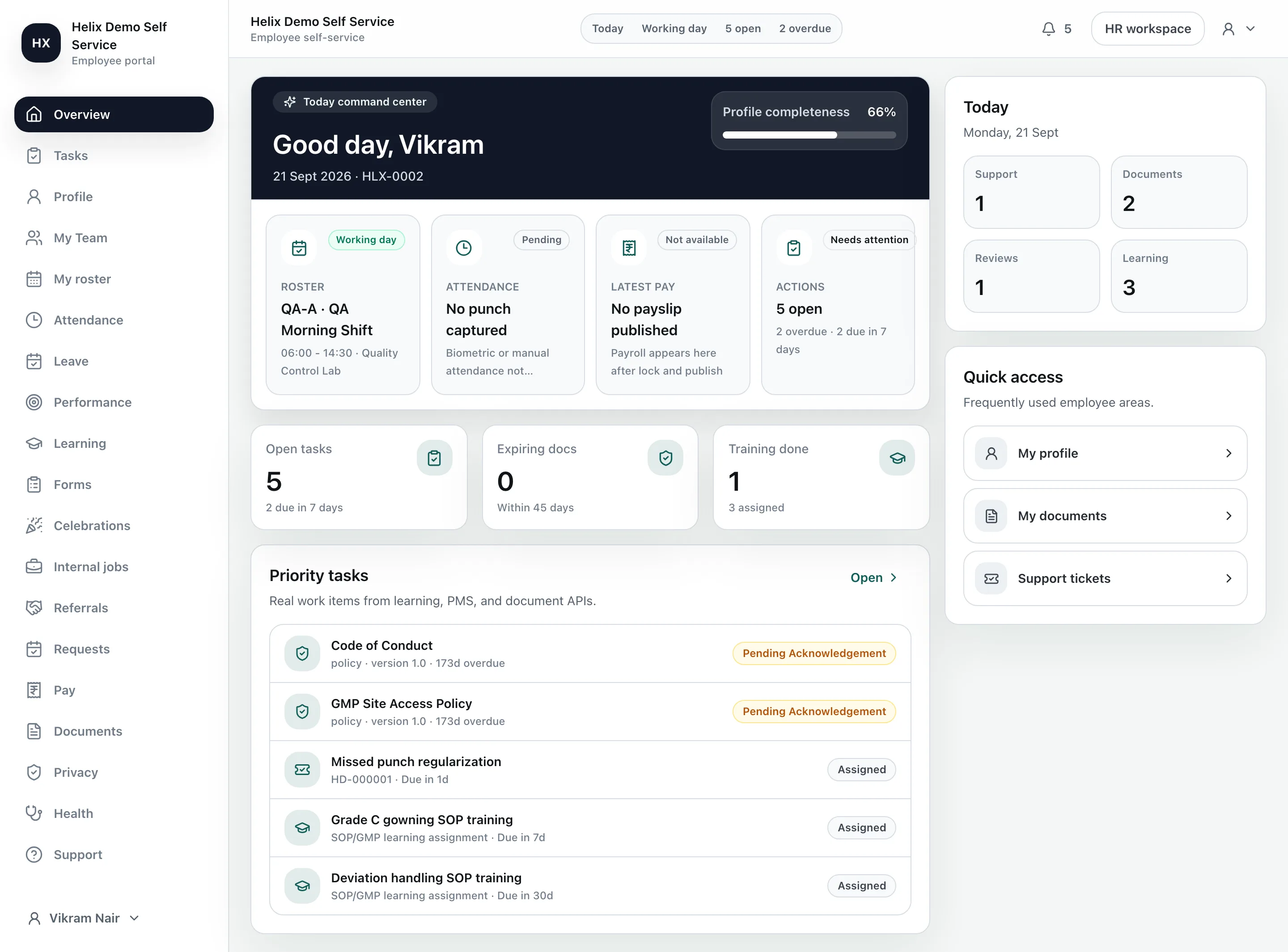 Helix employee self-service overview with roster, attendance, pay and priority tasks