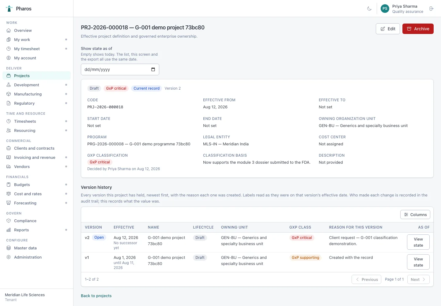 Pharos project detail with version history