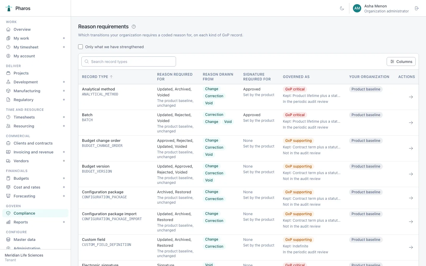 Reason requirements configured per record type and transition