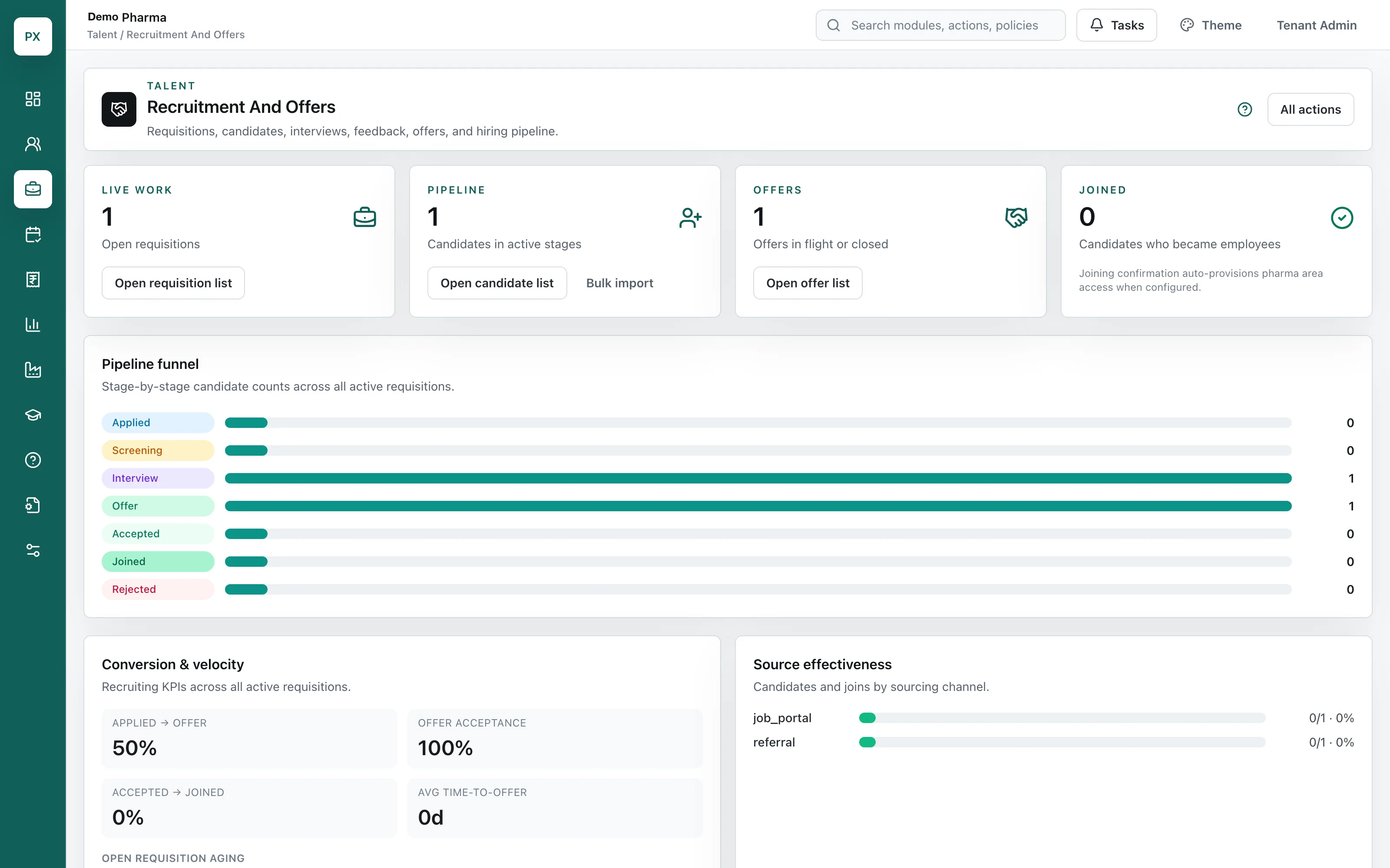 Recruitment hub with requisitions and candidate pipeline