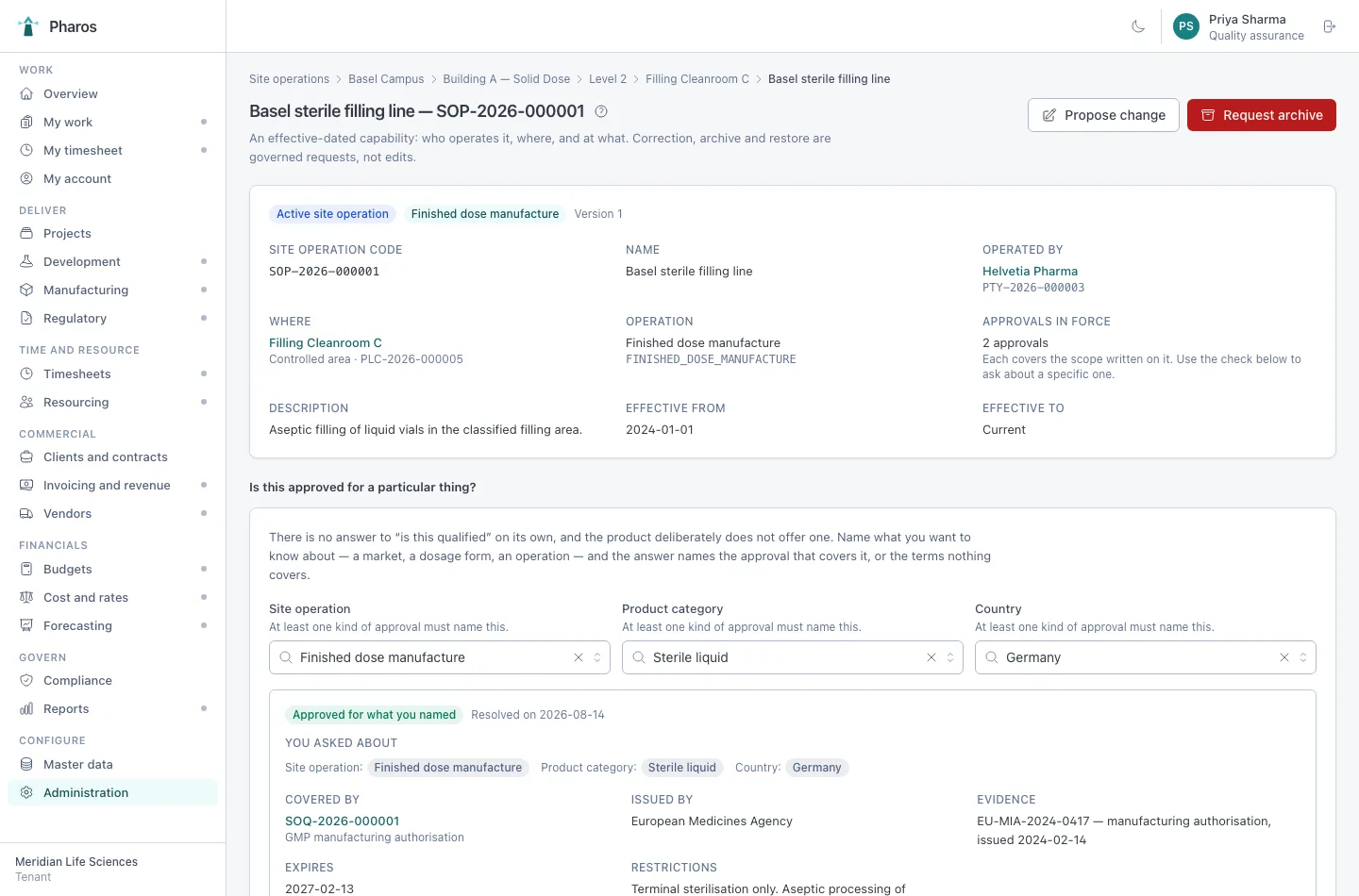Site operation with approval check by operation, product category and country