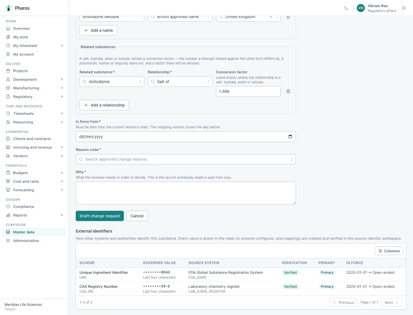Substance master with governed identifiers