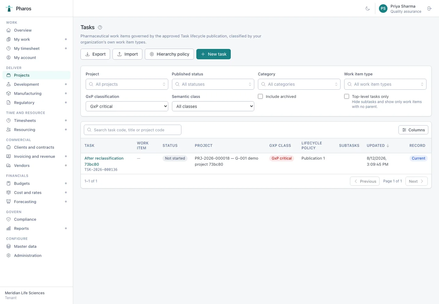 Task list with critical path indicators